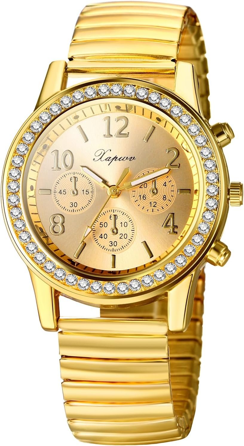 Quartz Watch Gold Plated Stretch Band Wristwatch